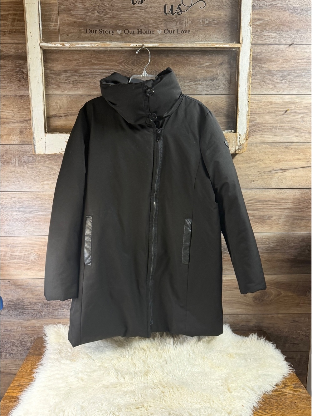 Sam Edelman XL Black Puffer Coat High Collar Zip Front Longline Jacket Outerwear